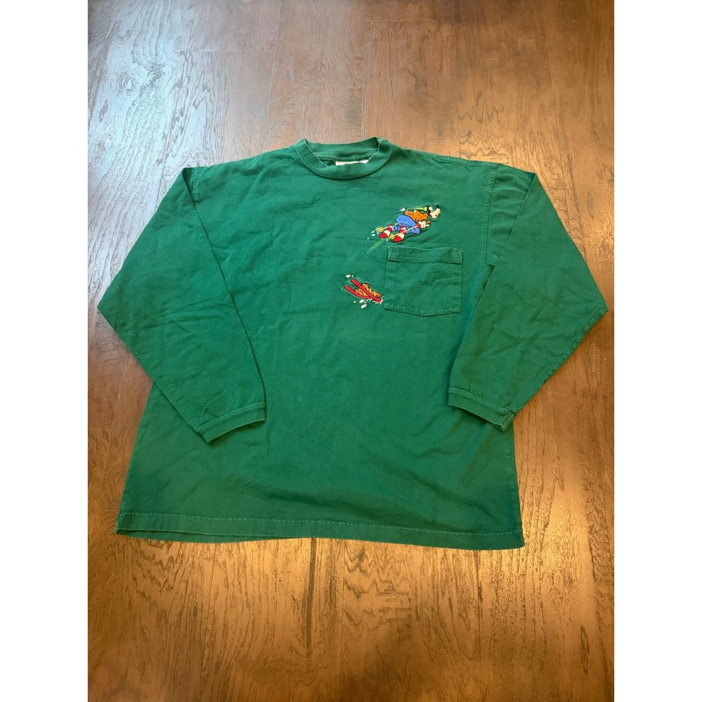 Vintage Disney Store Goofy Skiing Embroidered Pocket Long Sleeve Shirt – Green